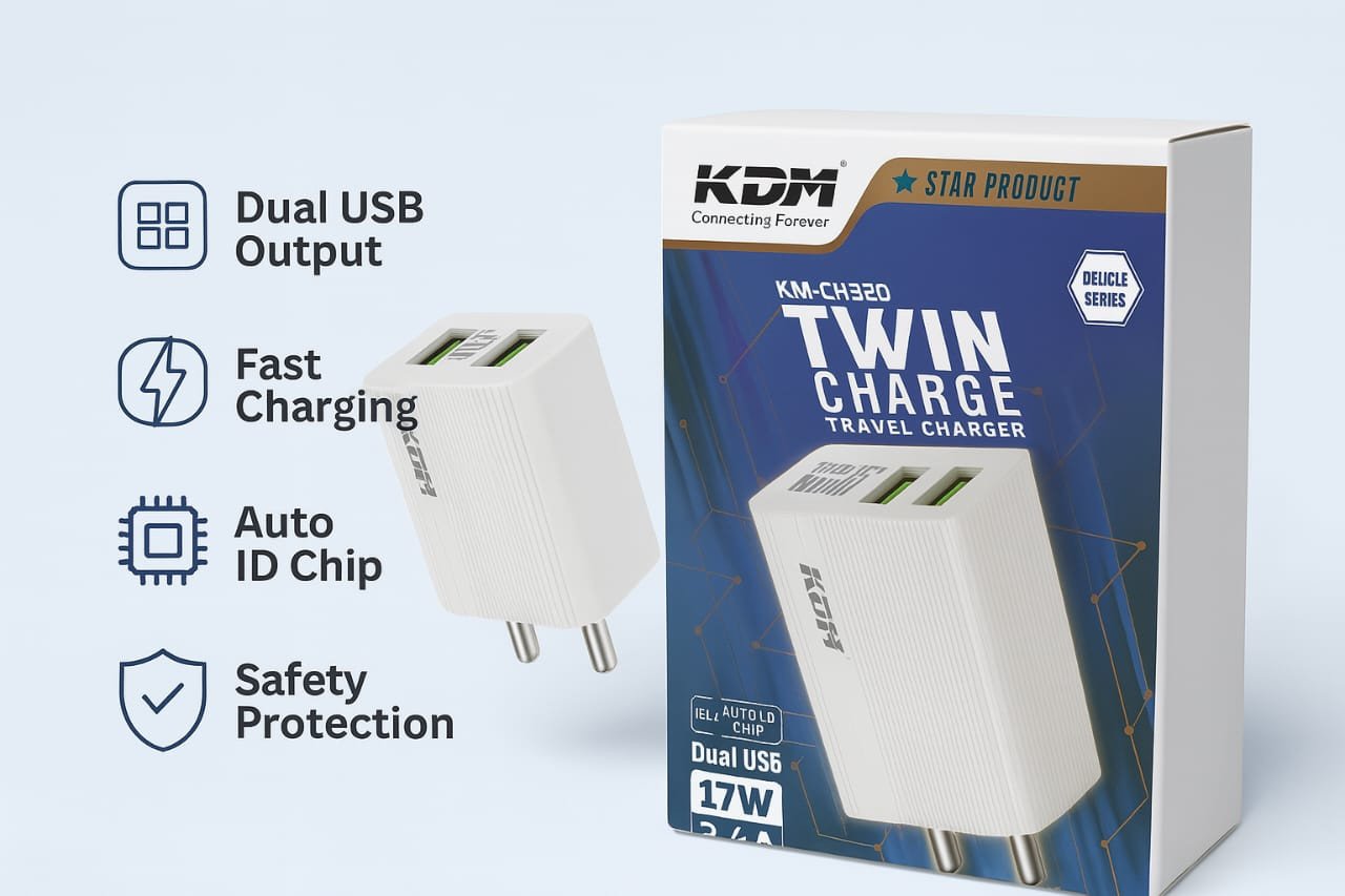 KDM KM-CH330 Twin Charge 17W Travel Charger (Dual USB, Auto ID Chip)