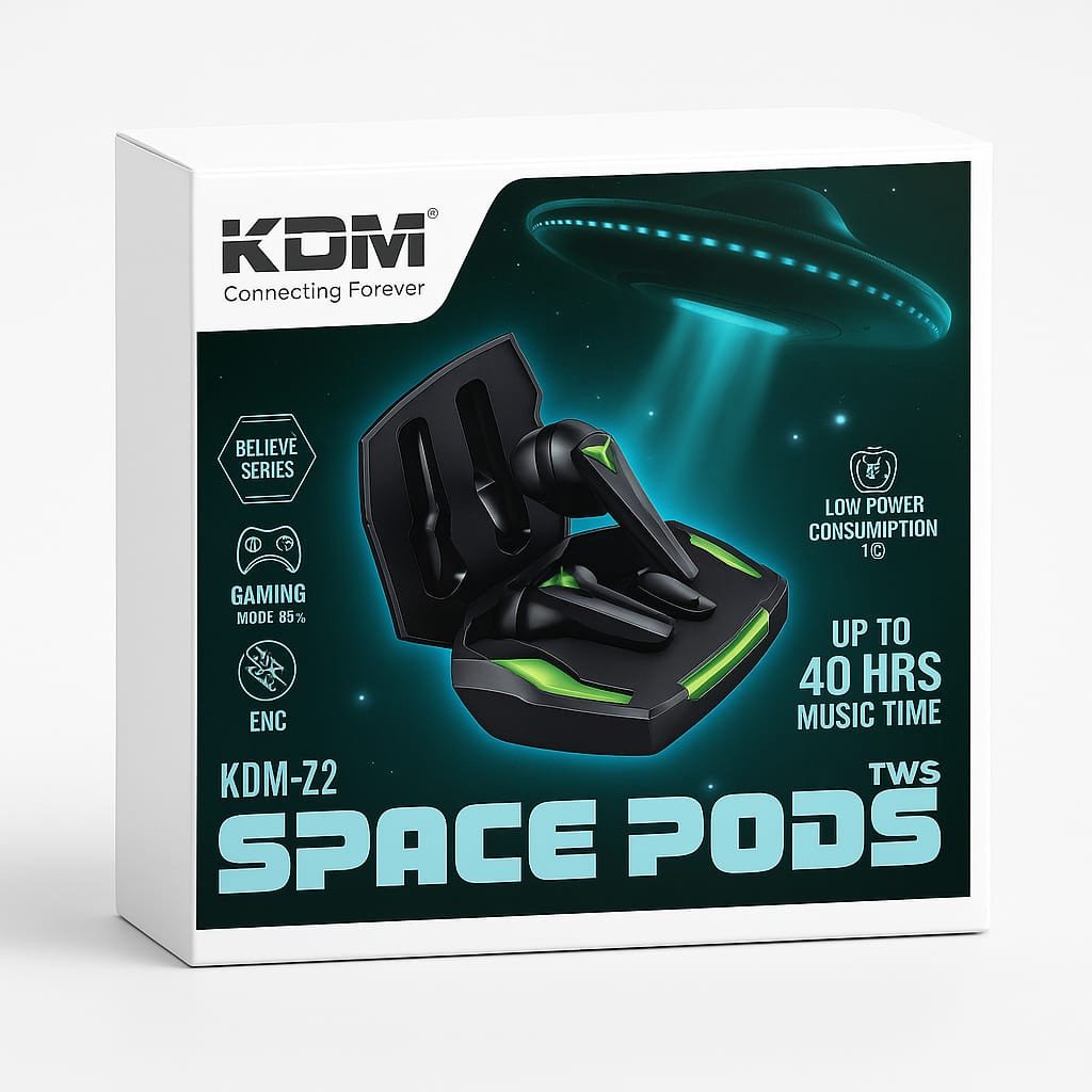 ?️ KDM-Z2 Space Pods | True Wireless Earbuds (TWS)  Model: KDM-Z2 | Color: Black & Neon Green / White Brand: KDM – Connecting Forever