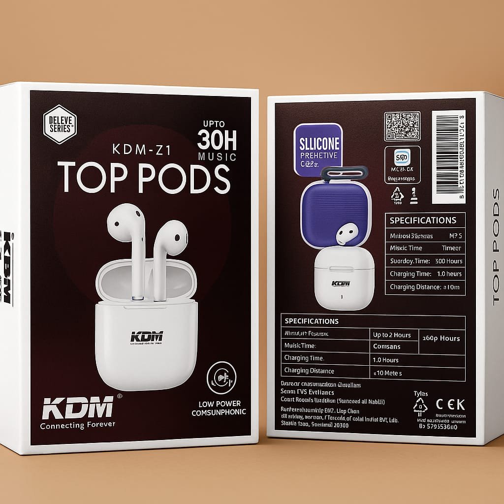 KDM-Z1 TOP PODS TWS Bluetooth 5.0 Wireless Earbuds with 30H Playtime, Touch Controls, Charging Case, Noise Reduction – White