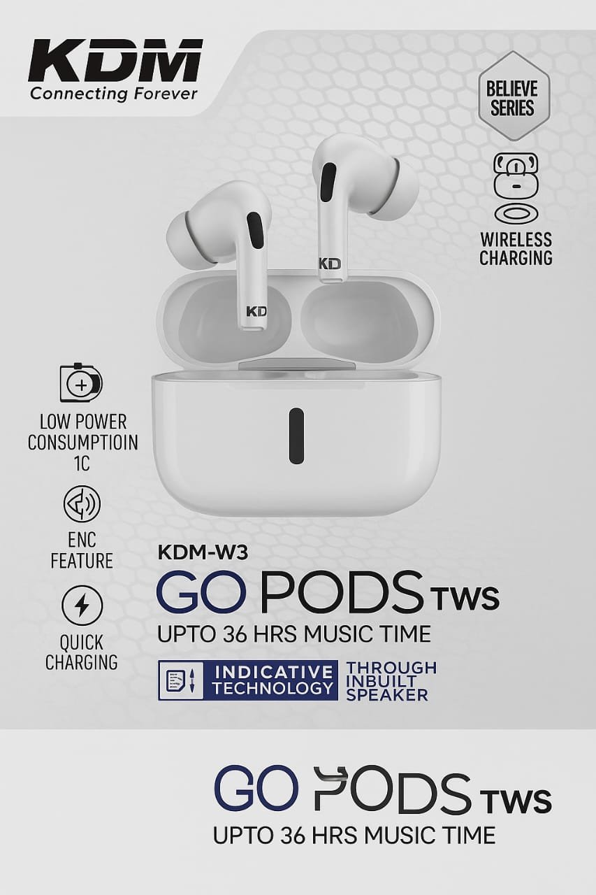KDM Go Pods W3 with Silicone Cover | Bluetooth 5.3 | Upto 6 Hrs Talktime | Type-C Fast Charging | Blue
