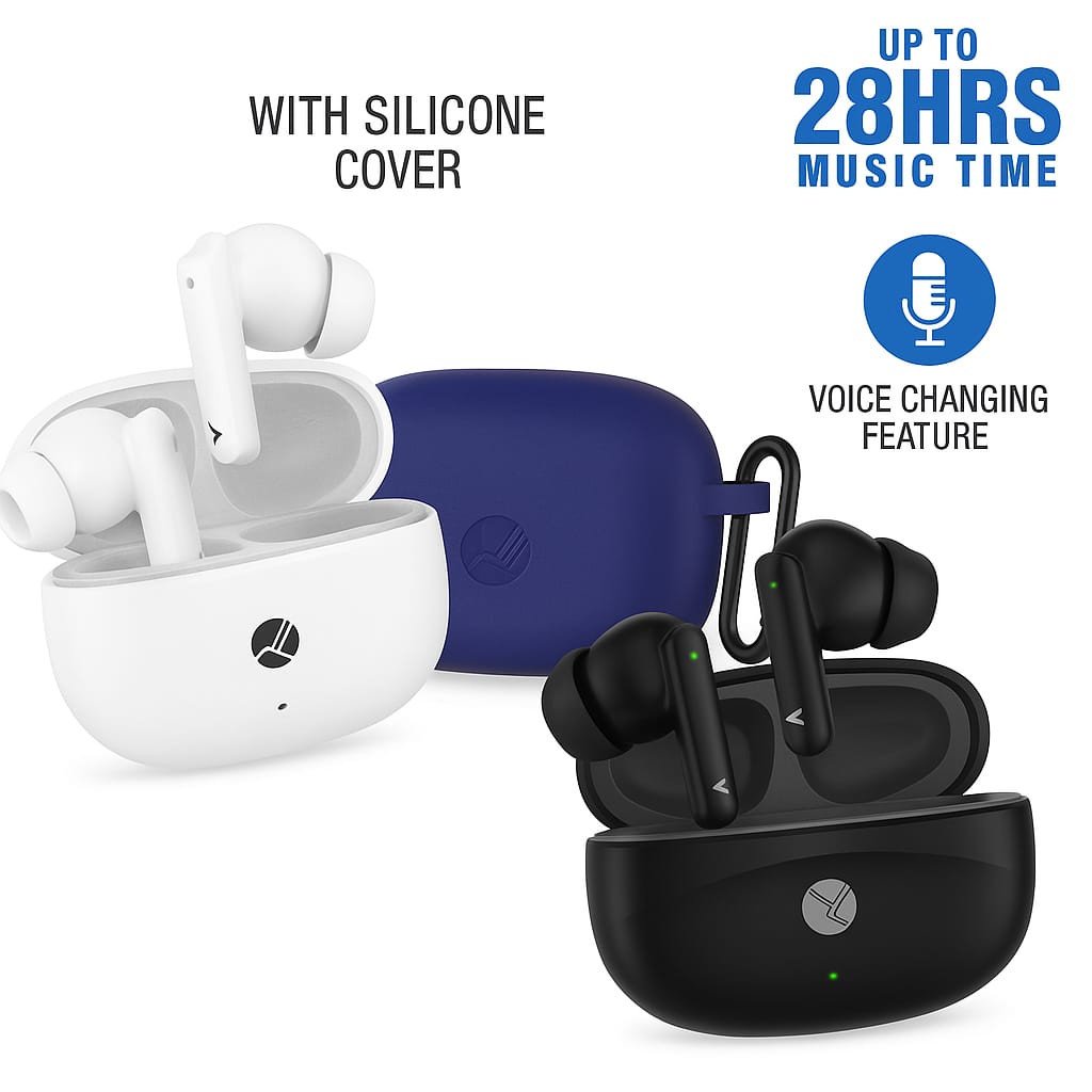 KDM Z2 SmashPods Wireless Bluetooth Earbuds with Mic, Type-C Charging, Silicone Case, 28 Hrs Playback, Voice Changing Feature (Black/White)