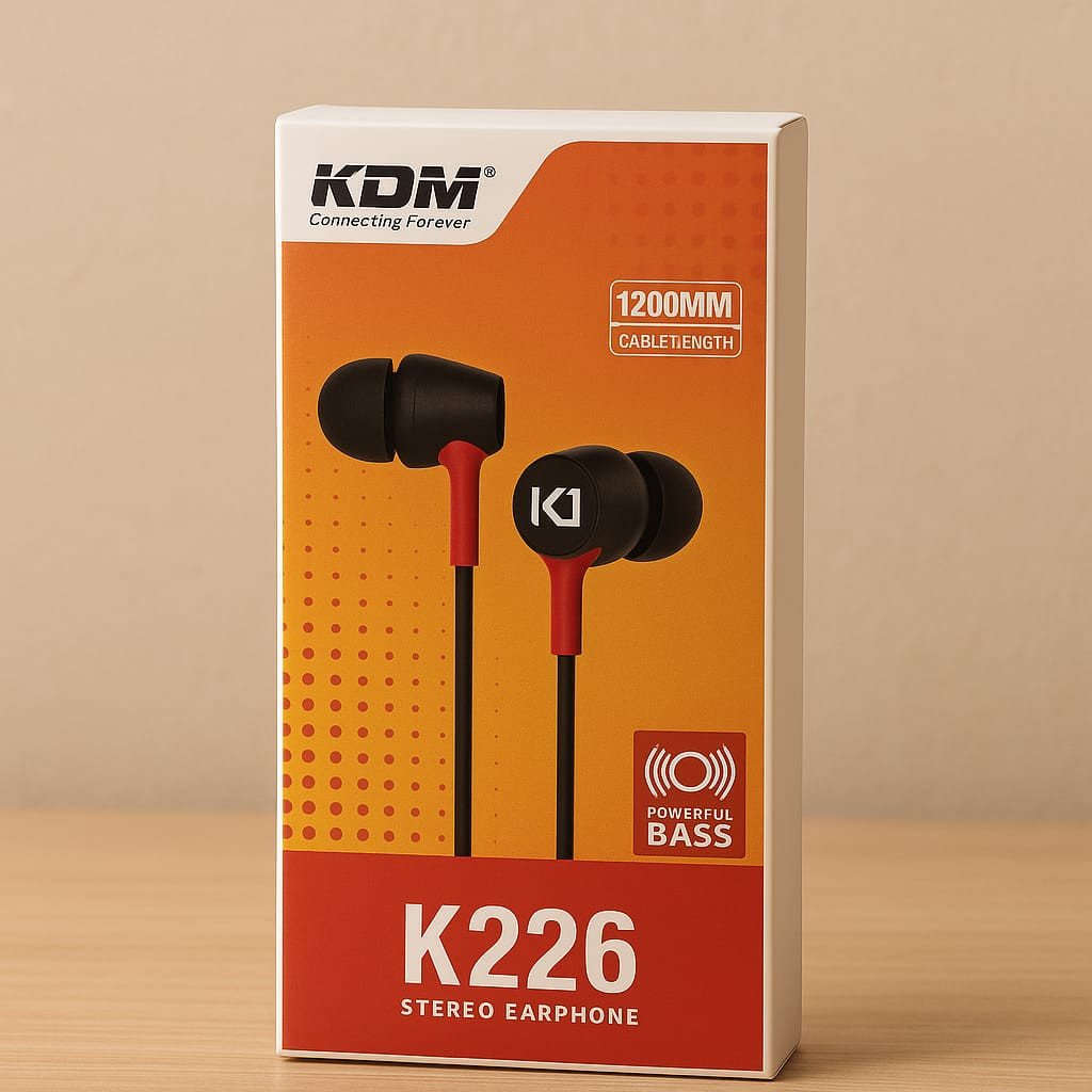 KDM K226 Stereo In-Ear Wired Earphones with Mic | 3.5mm Jack | Deep Bass | Tangle-Free Cable (Black & Red)