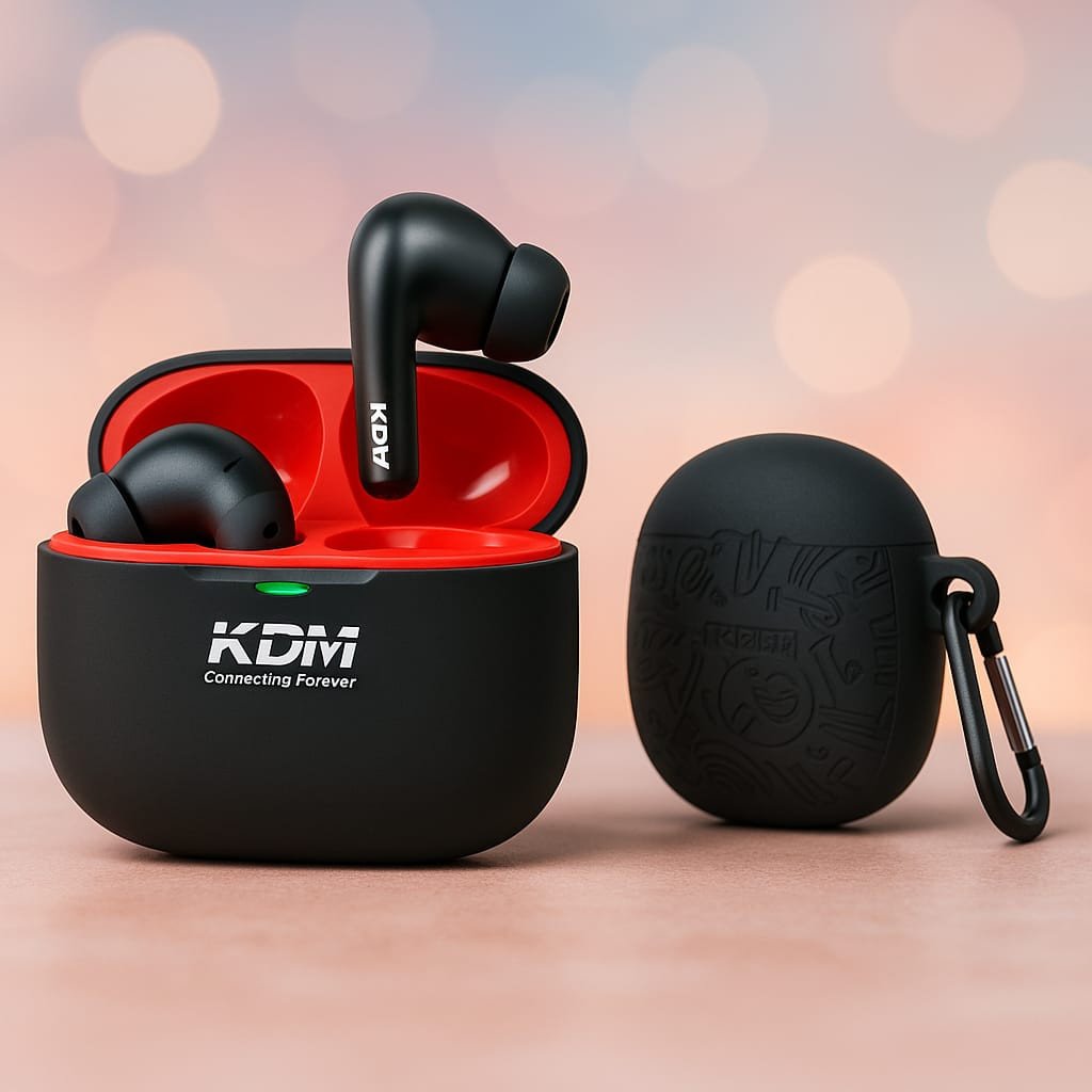 KDM WINPODS TWS Bluetooth 5.3 Earbuds with 30Hrs Music Time, Type-C Charging & Silicone Cover (Black-Red)