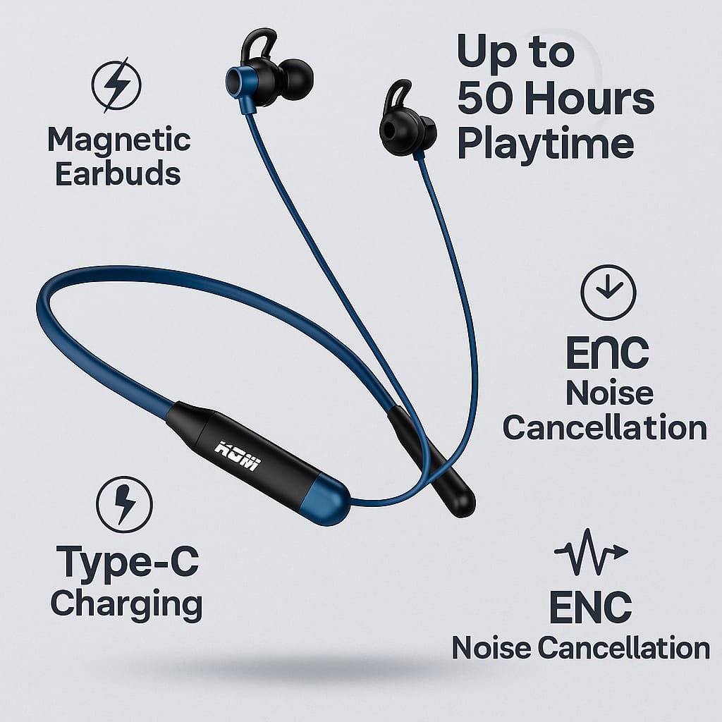 KDM MAGNECK KDM-G1 Wireless Bluetooth Neckband Earphones | 50H Playtime | ENC Noise Cancellation | Magnetic Buds | Type-C Charging (Blue & Black)