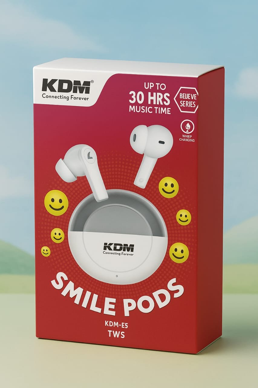 KDM Smile Pods TWS (KDM-E5) Bluetooth Headset with Voice Changing, 30 Hrs Music Time, Type-C Fast Charging – Black/White