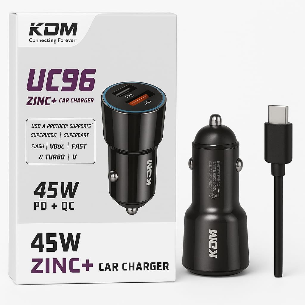 KDM UC96 Zinc+ 45W PD + QC Car Charger with Type-C Cable | Dual Port Fast Charging | Supports SuperVOOC, Turbo, Quick Charge | LED Moonlight Ring