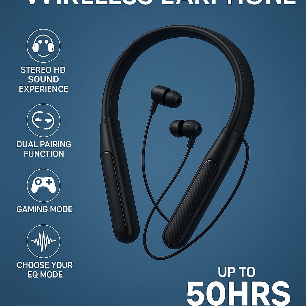 KDM A1 Action Wireless Earphones with 50 Hrs Music Time, Type-C Fast Charging, V5.4 Bluetooth Neckband