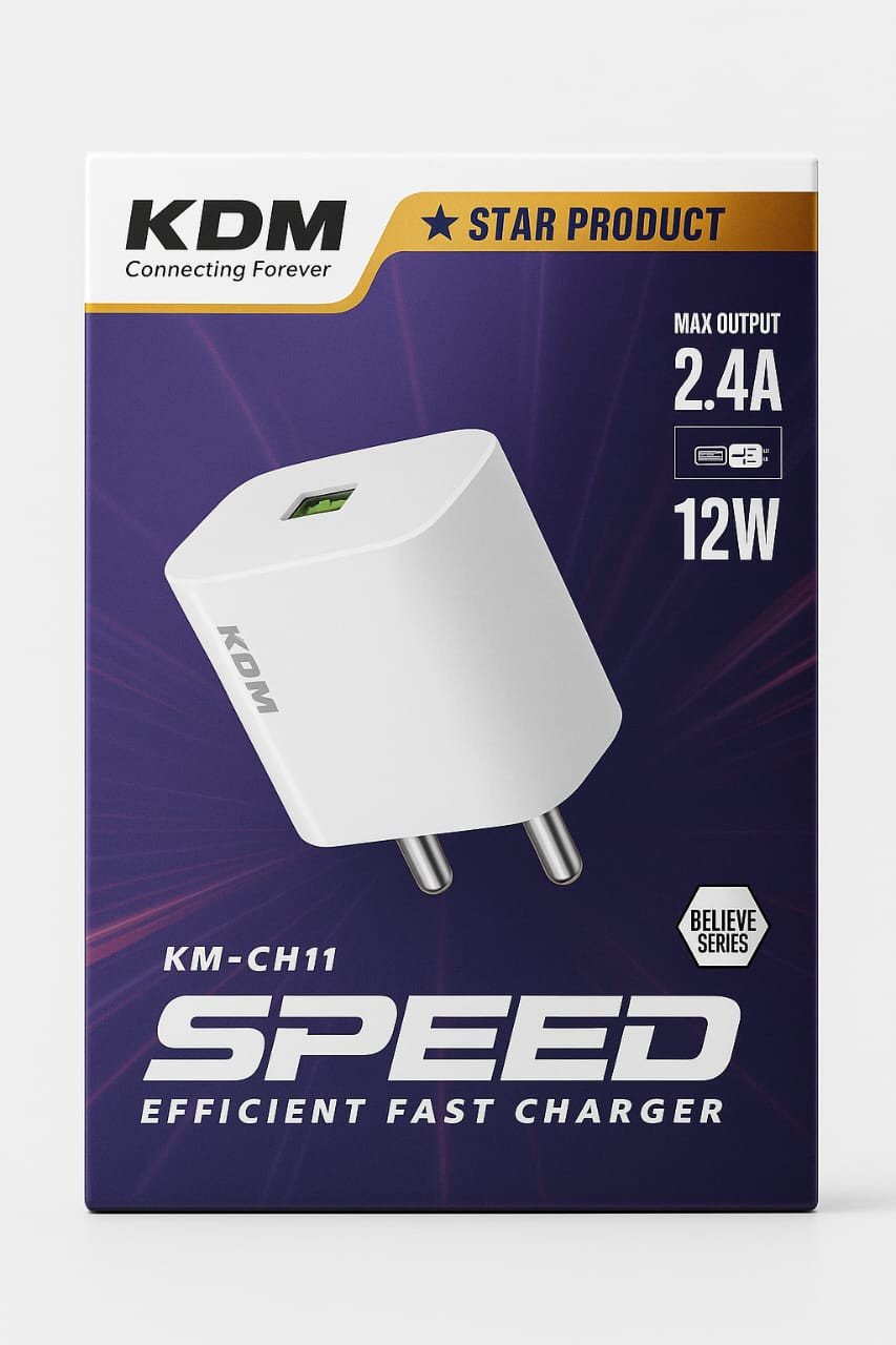 KDM KM-CH11 SPEED 12W Fast Charger | 2.4A USB Wall Adapter | Smart IC Protection | Made in India